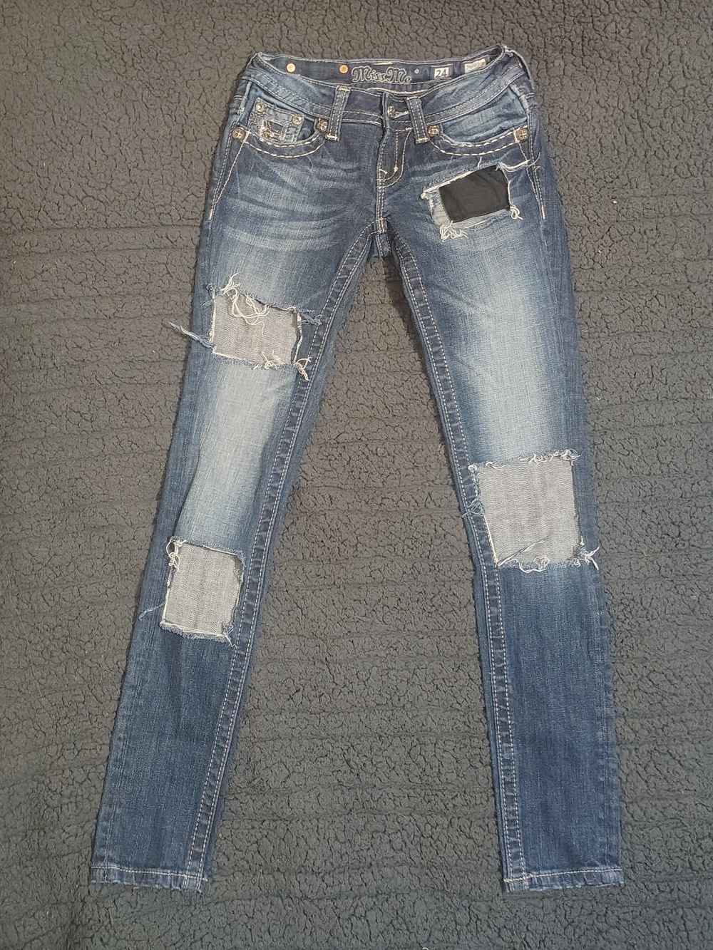Miss Me Skinny Distressed Patch Jeans - Blue